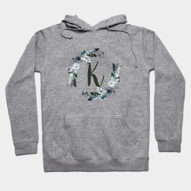 Floral Monogram K Dark Bohemian Flora Hoodie by floralmonogram